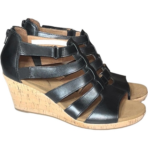 Rockport Shoes Rockport Black Leather Briah Gladiator Sandal Wedge